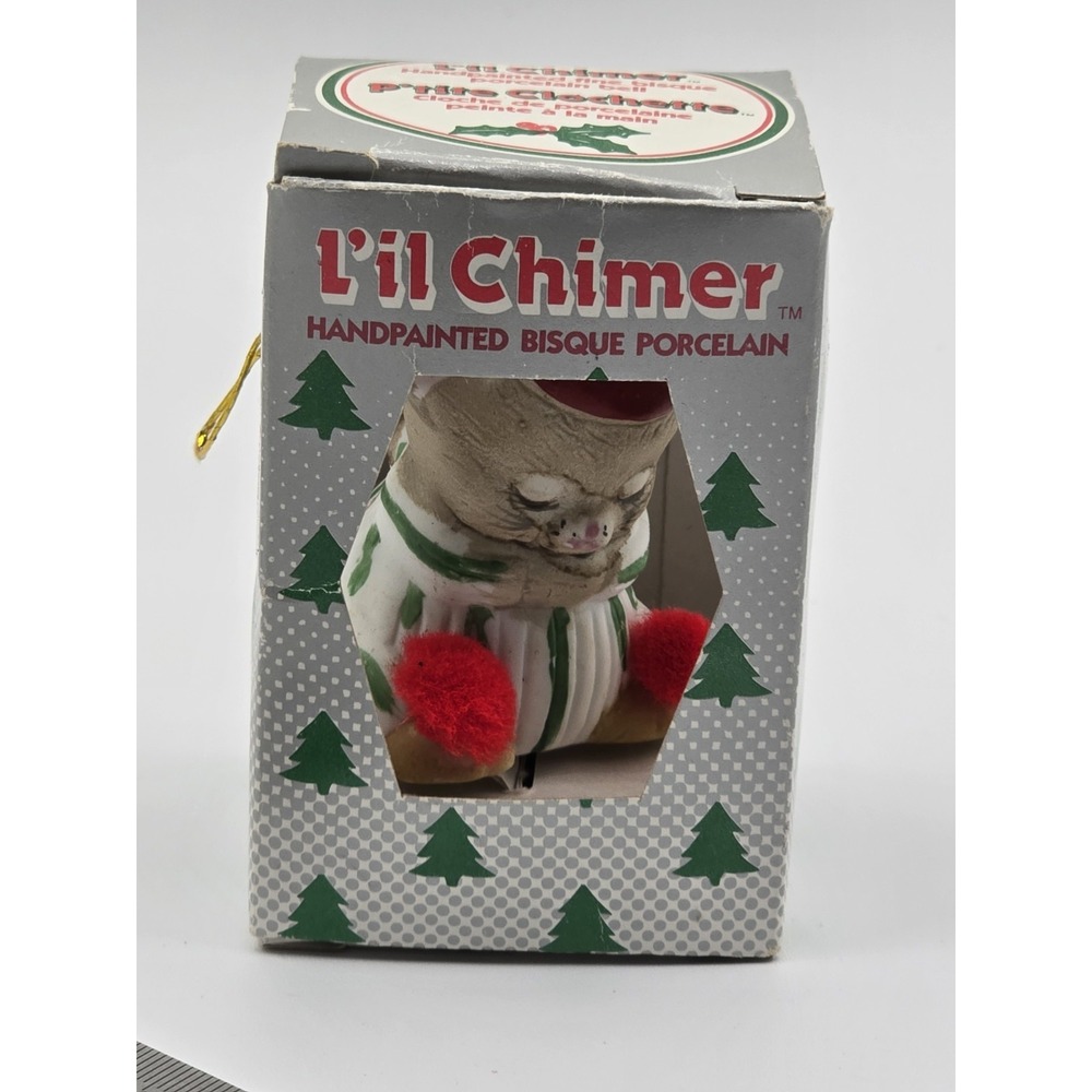 Jasco Christmas Ornament Lil Chimers Mouse Handpainted Bisque Porcelain Bell NOS